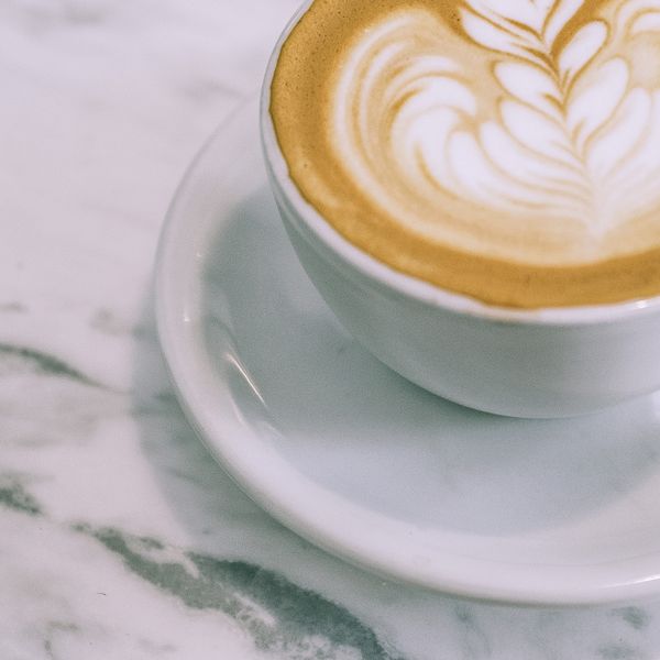 A cappuccino with latte art, from above
